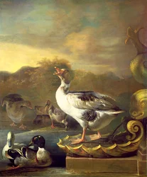 Eine Gans und andere Wildvögel an einem Brunnen